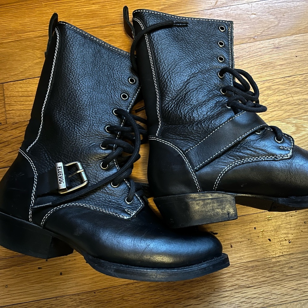 John Fluevog Black Leather BOOTs mid calf lace-up and buckle sz 9